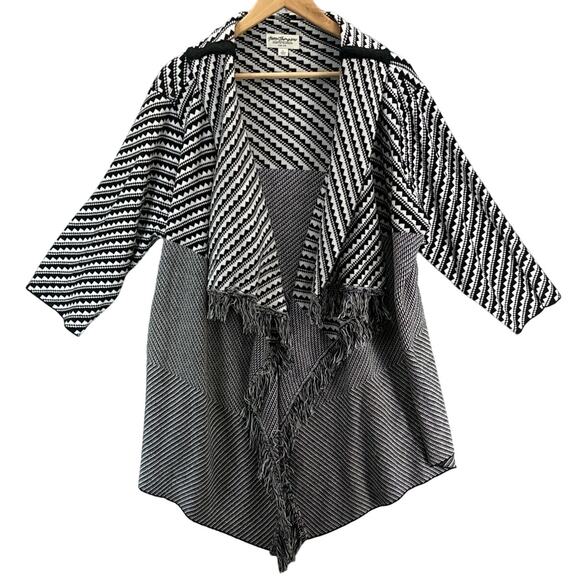 Norm Thompson Open Cardigan Black White Fringe Shaw Sweater Women Large - Picture 1 of 8